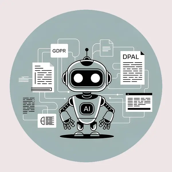 Illustratie van een AI-robot die geprogrammeerd wordt met juridische documenten en regels zoals GDPR. 
			Rondom de robot zweven verbonden bestanden en wetsteksten, wat symboliseert hoe kunstmatige intelligentie 
			juridisch verantwoord wordt gemaakt.