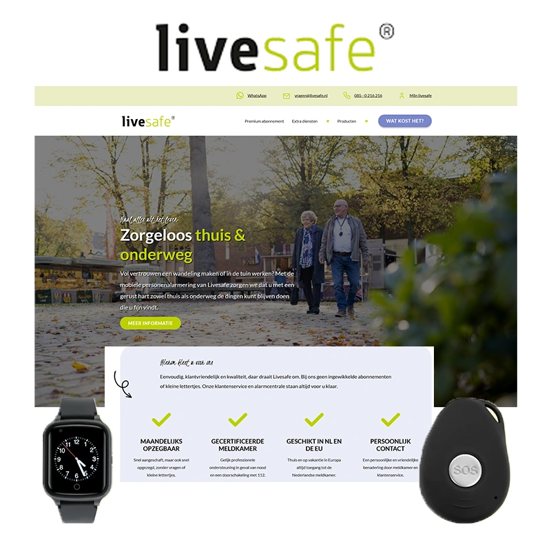 Afbeelding van LiveSafe, aanbieder van mobiele personenalarmering. Bovenaan het logo en een screenshot 
						  van de website met een ouder echtpaar dat buiten wandelt. Onderin zijn een smartwatch en SOS-alarmknop te zien, 
						  met kenmerken als maandelijkse opzegbaarheid, gecertificeerde meldkamer en gebruik in de EU.