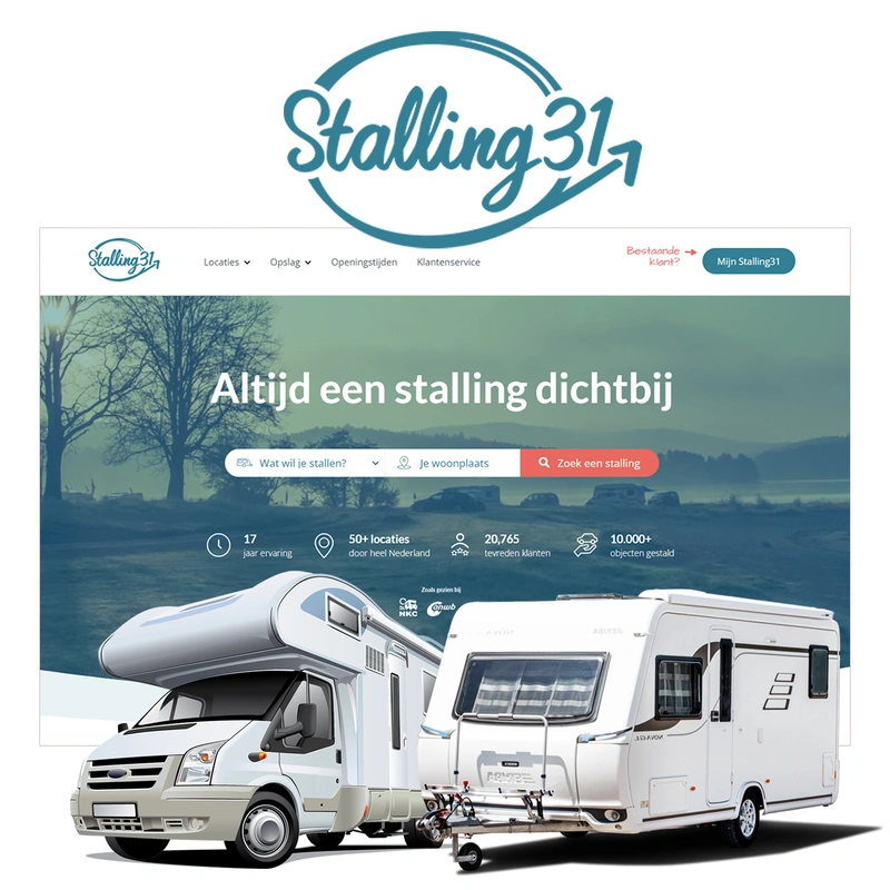 Afbeelding van Stalling31 met logo bovenaan, een screenshot van de website op de achtergrond en een 
						  camper en caravan op de voorgrond.