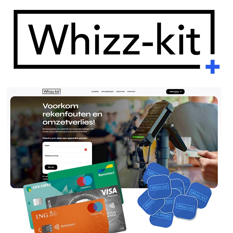 Collage met het logo van Whizz-kit, een kassasysteem voor evenementen en festivals. Afbeelding toont 
						  een betaalterminal op een drukke locatie, een screenshot van de Whizz-kit website met de tekst: 
						  Voorkom rekenfouten en omzetverlies!, verschillende betaalpassen (ABN AMRO, ING, Visa, Bancontact) 
						  en NFC-betaaltags met Whizz-kit-logo.