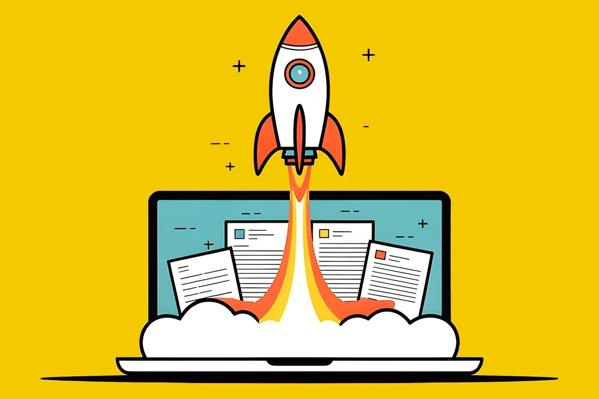 Illustratie van een raket die opstijgt vanuit een laptop.