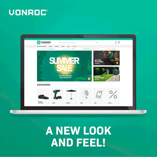 Afbeelding van de vernieuwde website van Vonroc, weergegeven op een laptop met een groene achtergrond. 
						  De homepage toont een 'Summer Sale'-banner en verschillende productcategorieën. Onderaan staat de tekst 
						  'A new look and feel!' in witte hoofdletters.